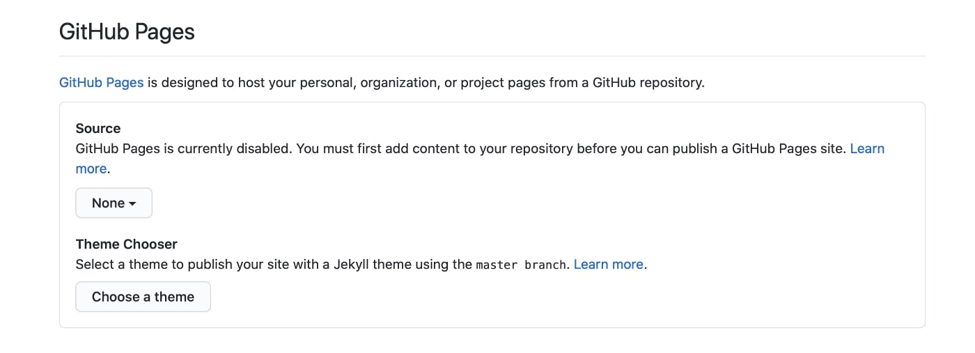 Close up of the GitHub Pages part of the settings menu