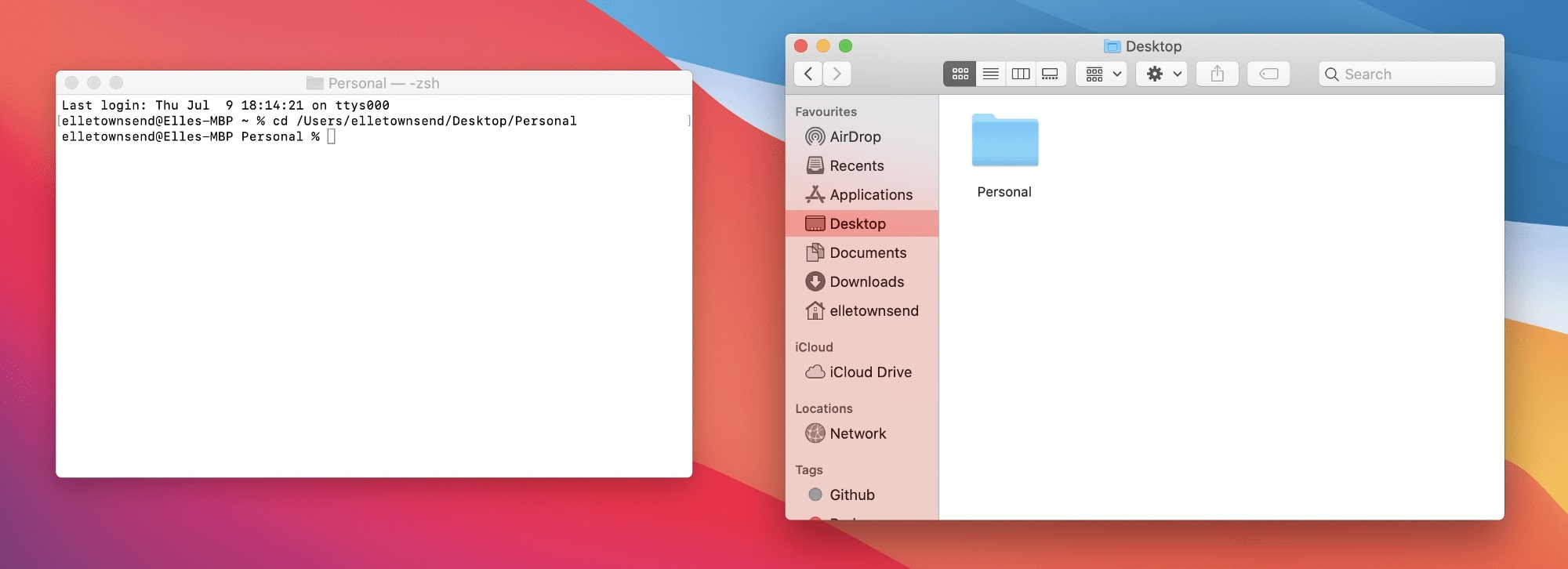 Terminal open on the left, with the file with the code for the website in finder on the right (MacOS)