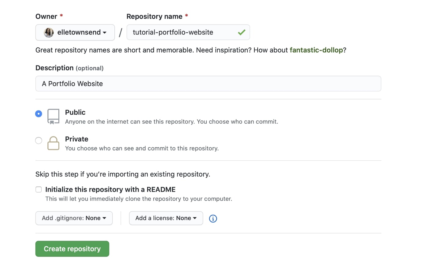 Image of GitHub create repo page